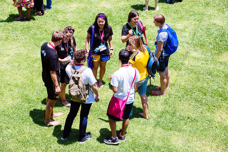 Photo of a group of students standing chatting on grass